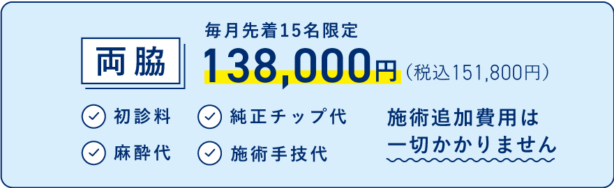 ワキガ・多汗症治療 ミラドライ 分割払いも可能！月々8,800円 両脇165,000円（税込 181,500円） 初診料・純正チップ代・麻酔代・施術手技代 追加費用は一切かかりません
